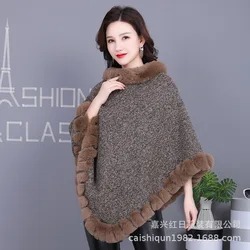 Autumn And Winter New Fur Collar Jacquard Hooded Shawl Cloak Large Size Woolen Coat Cardigan Women Sweater Ponchos