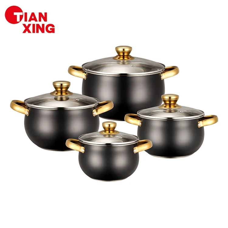 Wholesale 8-Piece Home and Kitchen Stainless Steel Cookware Set Black Gold Handle Non-Stick Caserole Pots for Cooking