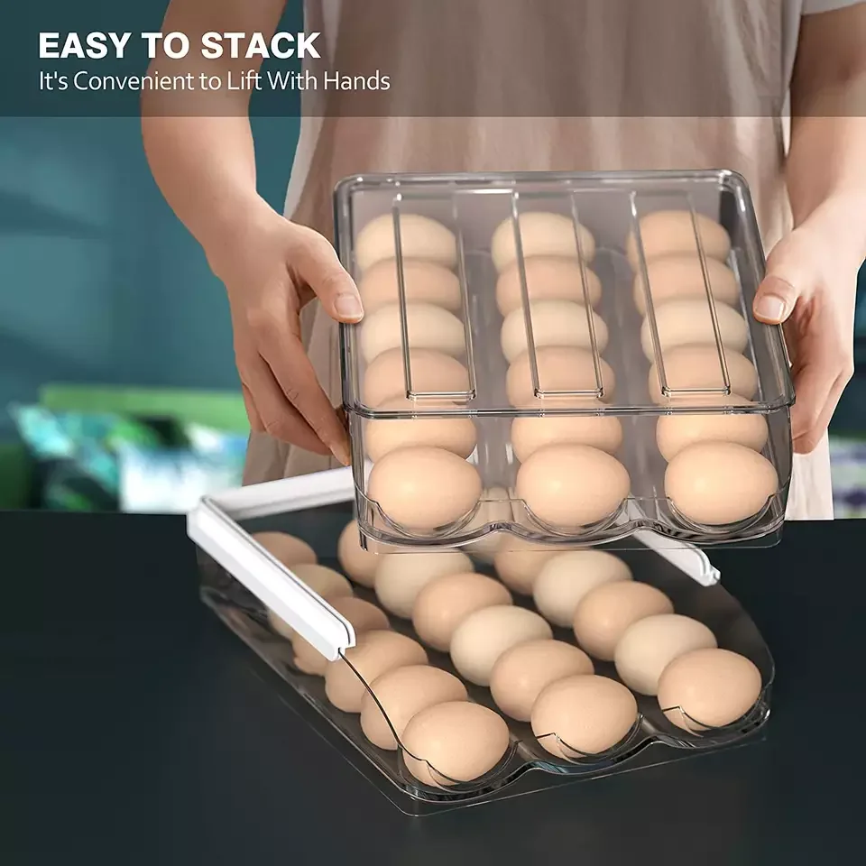 Egg Holder Tray Single Layer Large Capacity Stackable Clear PET Plastic Egg Storage Container for Refrigerator Freezer