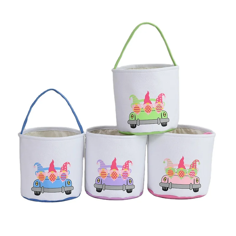 Kids Easter Bucket Tote Toy Canvas Seersucker Bunny Pom Pom JUTE Tail Egg Hunt Car Print  Decor Gift Basket