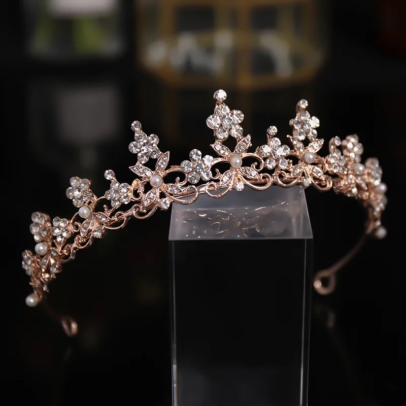 Wavy Rose Gold Color Alloy Crown With Pearls Rhinestone Flower Metal Tiaras Accessoire Femme Luxury Wedding Accessories For Brid