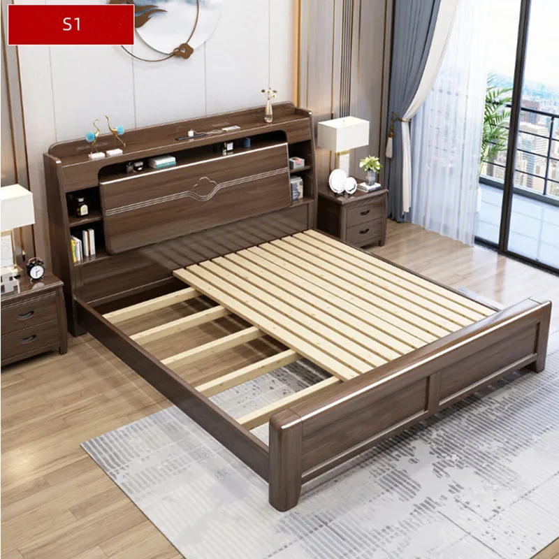 Light luxury gold silk sandalwood solid wood bed 1.5 meters 1.8 meters double high box leather soft storage bed