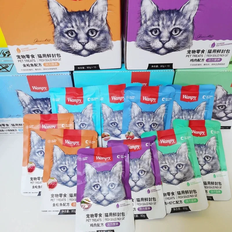 Wanpy Pet Snack Cat (Vital Nutrition) Fresh Package  7 Flavor Cat Treats Cat Food 80g