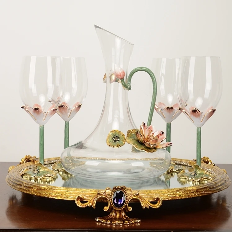 Lotus Enamel Crystal Glass Goblet set of 4 Handmade Flower Wine Glasses for Wine Tasting Christmas Gift copa de vino copa