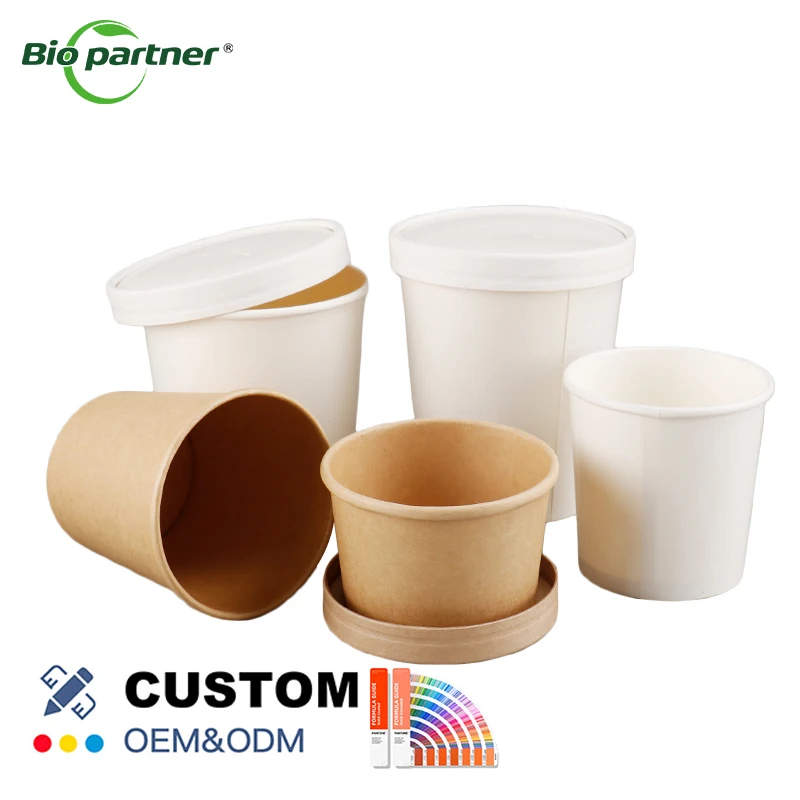 Disposable Biodegradable Takeout Salad Paper Bowl Ice Cream Porridge Rice Noodle Soup White Kraft Cups With Lid