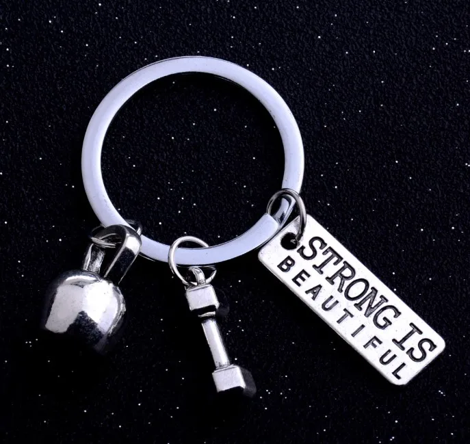 Factory Price Strong is Beautiful Dumbbell Sport Motivation Inspiration Metal Keychain
