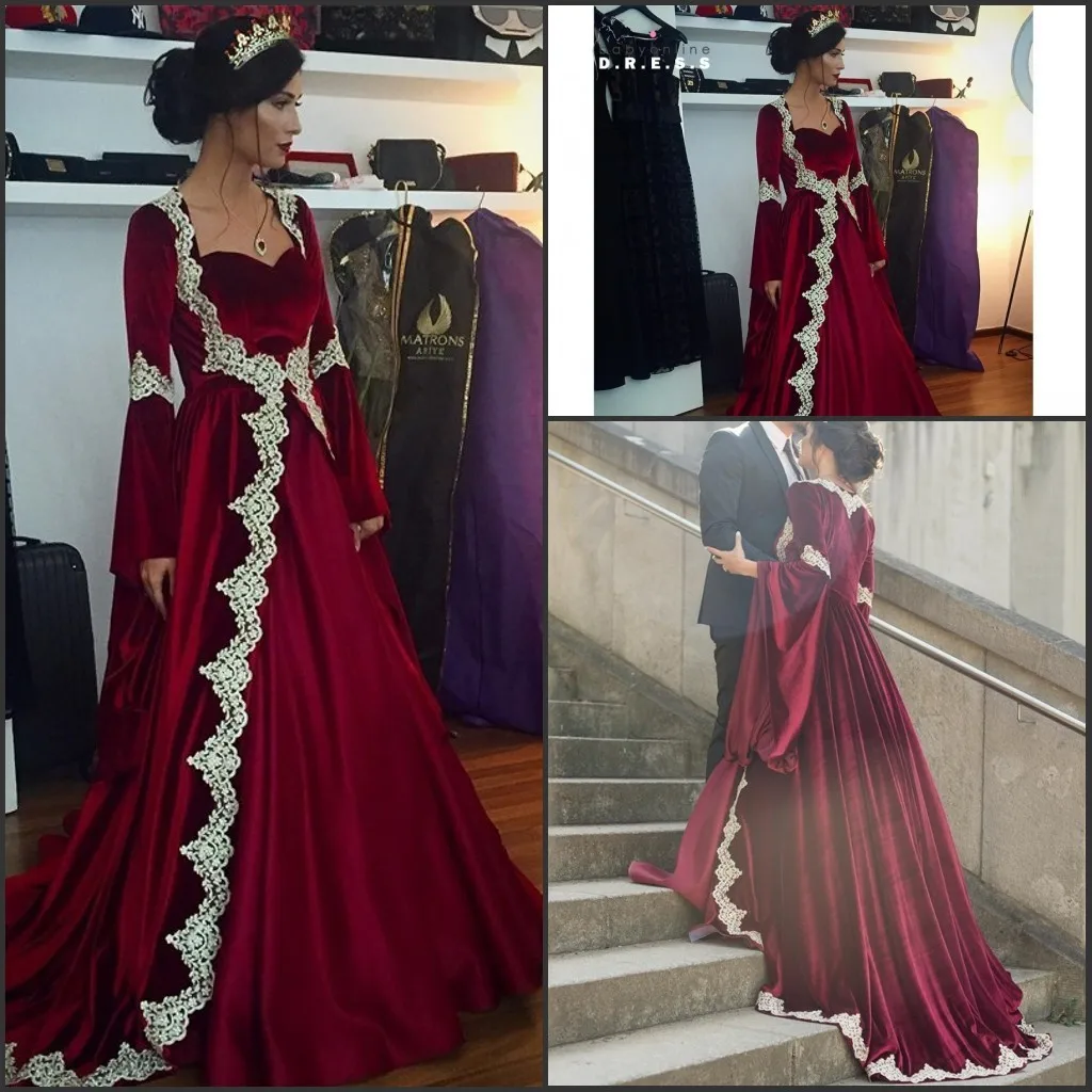 Womens Dresses Long Sleeve Arabic Dubai Vestido De Feista 2017 Robe Soiree Line Evening Dresses Burgundy Prom Party Gowns with