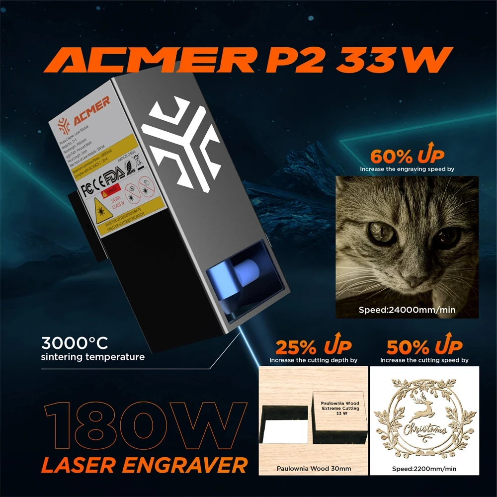 ACMER P2 33W Portable Mini 3d Small Diy Laser Engraving Machine Cutting For Metal Leather Glass Jewelry Wood Crystal Acrylic