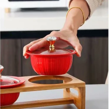 
Candy box Home snack ceramic bowl with glass cover With bamboo and wood brackets 