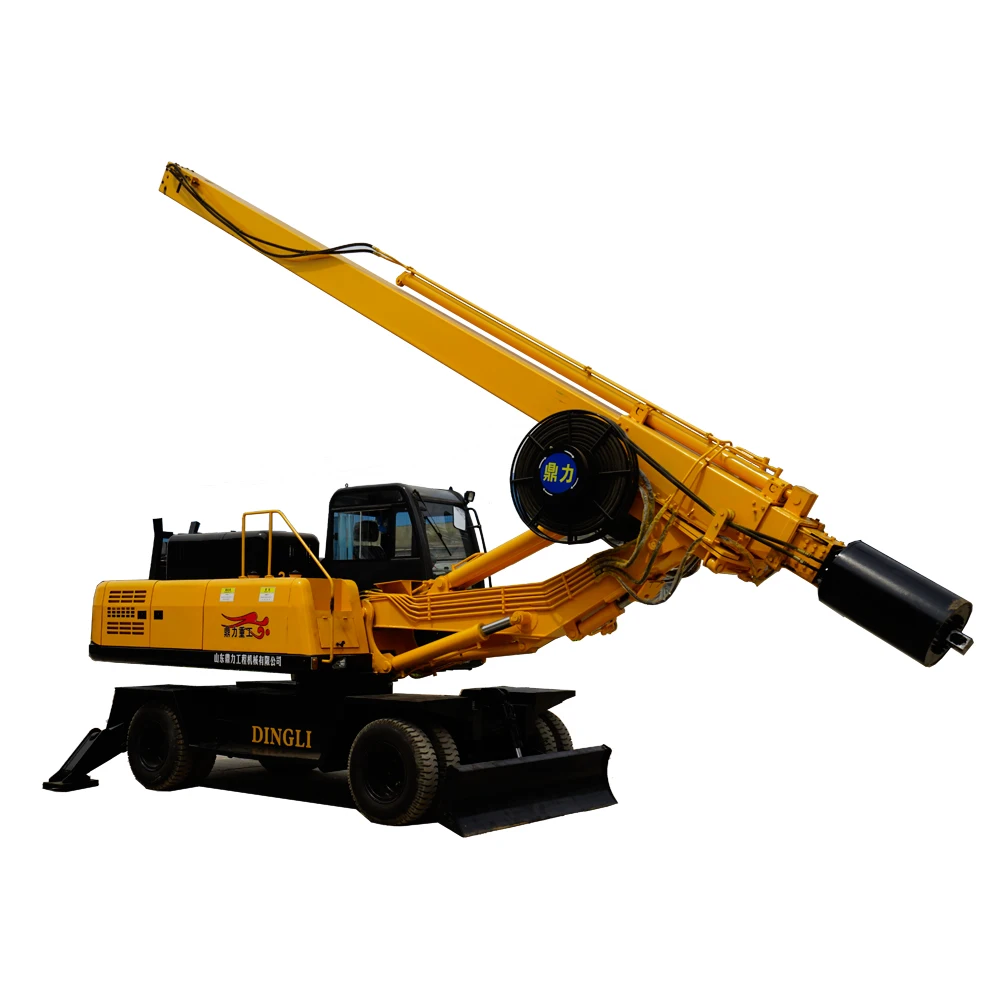 Wheeled small drilling pile drivers and portable rotary drilling rigs for construction purposes