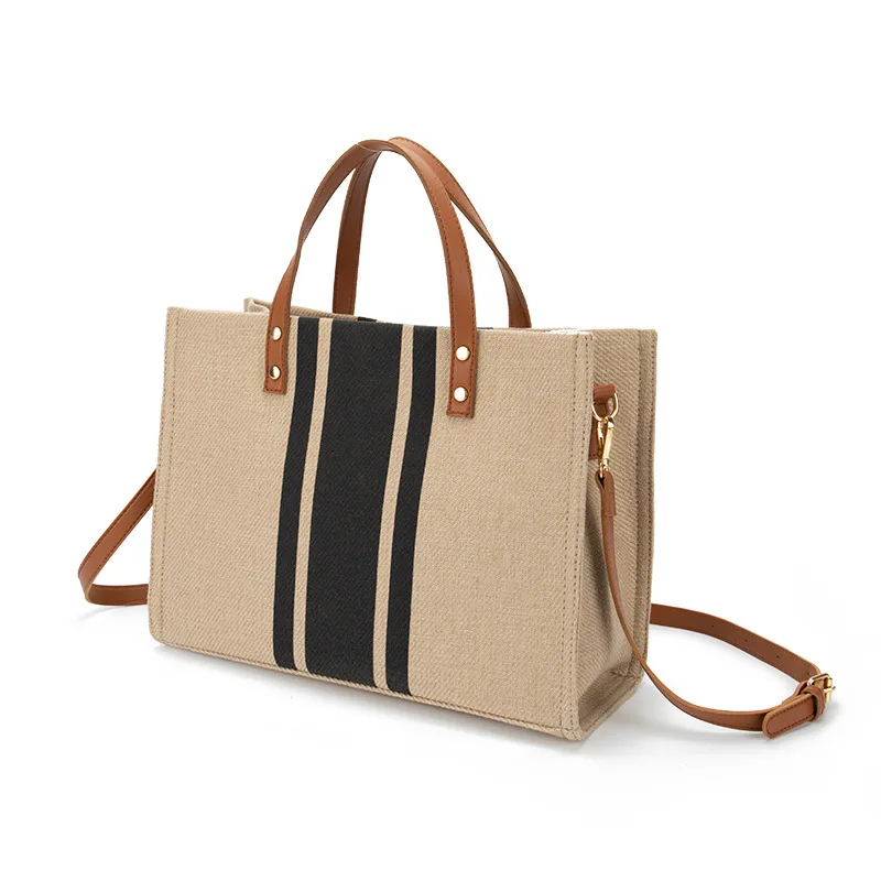 High Quality Trendy Canvas Shoulder Handbag Fashion Large Capacity Women Cotton Striped Tote Bag