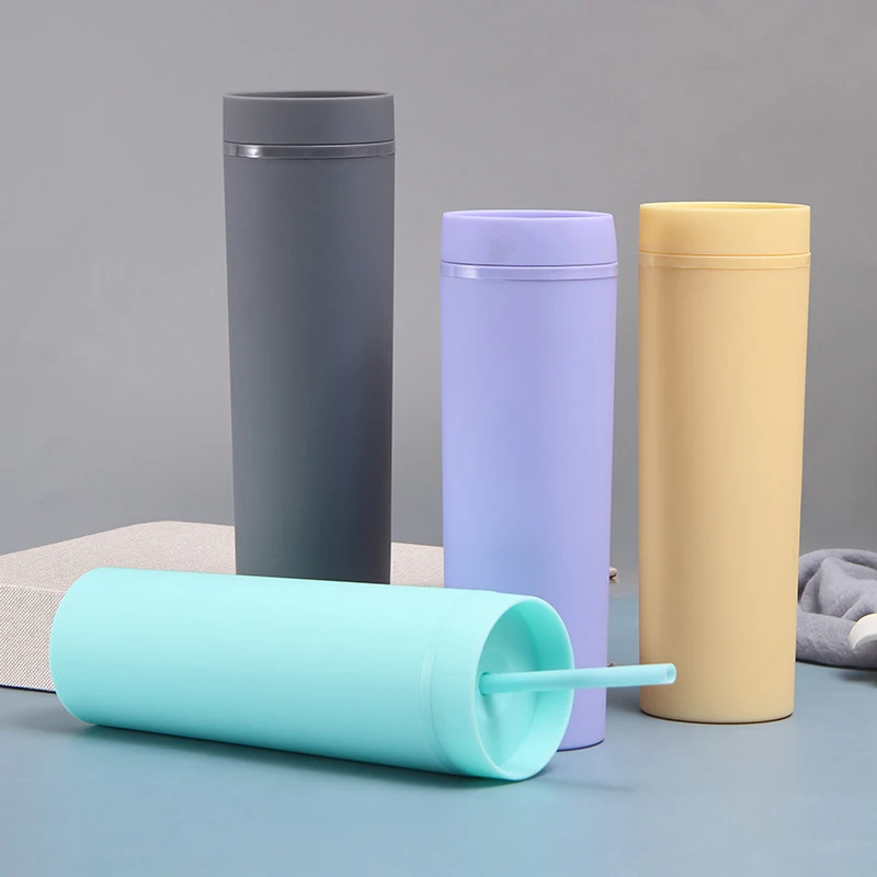 16oz/473ml Double Wall Insulated Skinny Acrylic Tumblers with Straw and Lid