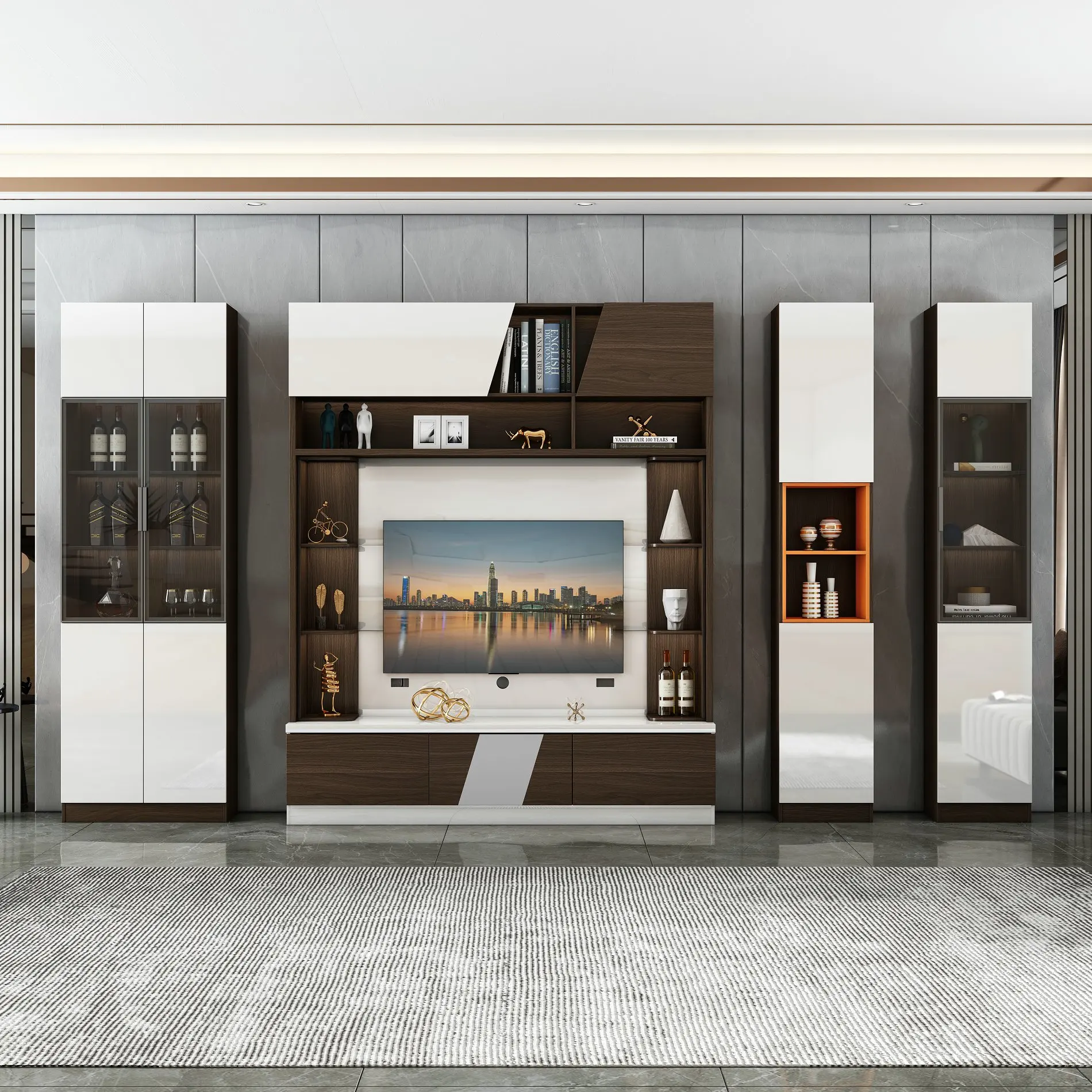 Nordic Light Luxury TV Cabinet Combination wall units designs in living room Walnut+White