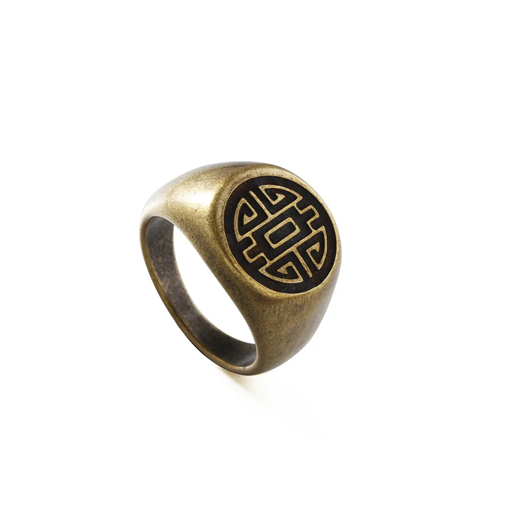 Fu Lu Shou Xi Cai Text Creative Ring Retro Chinese Style Men and Women Personality Titanium Steel Wholesale