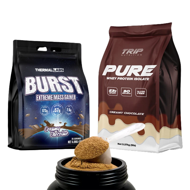 Custom Printed Sachet Packaging Flat Bottom Mylar Stand Up Multi Size Gusset Whey Protein Powder Bags