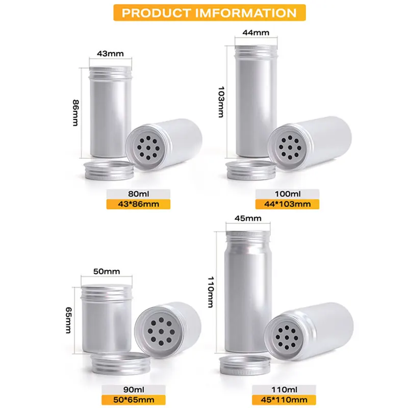 60ml 80ml 100ml 110ml white metal packing tin jar for pepper powder aluminum container can with sieves for food