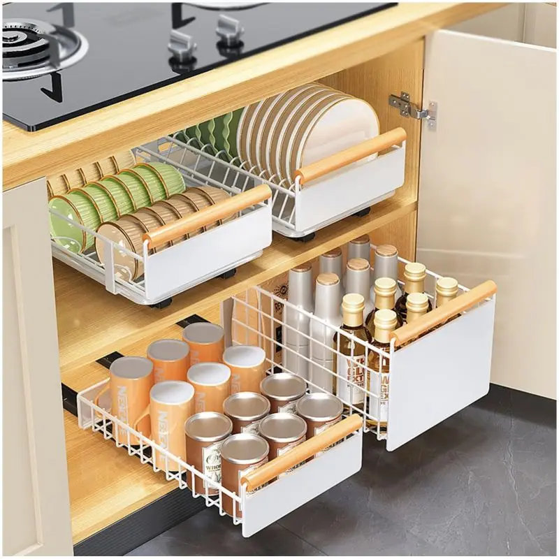 Heavy-Duty Metal Kitchen Cabinet Organizer Slide out Drawers for Dish and Bowl Storage Packaged in Box