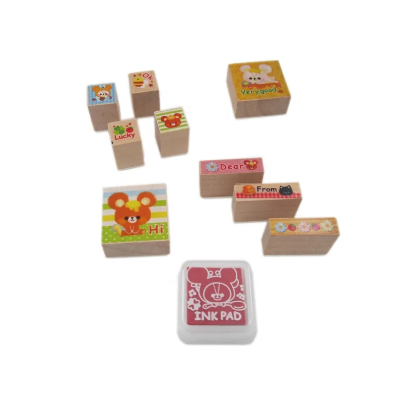 High quality Japanese funny wooden cartoon kids stamp with a mini red stamp pad