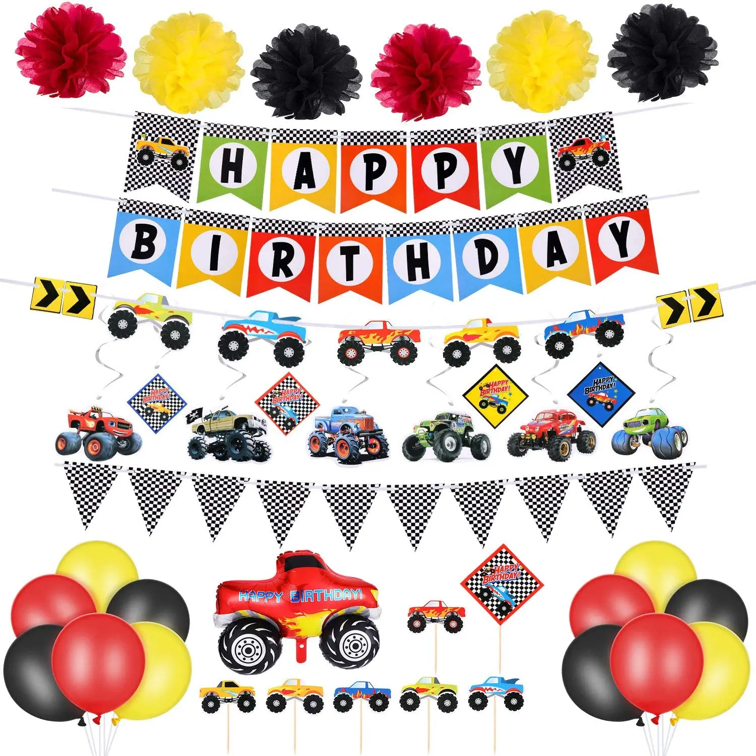 
39 Piece Mon-ster Truck Birthday Party Supplies Happy Birthday Banner Hanging Swirl Balloons Set 