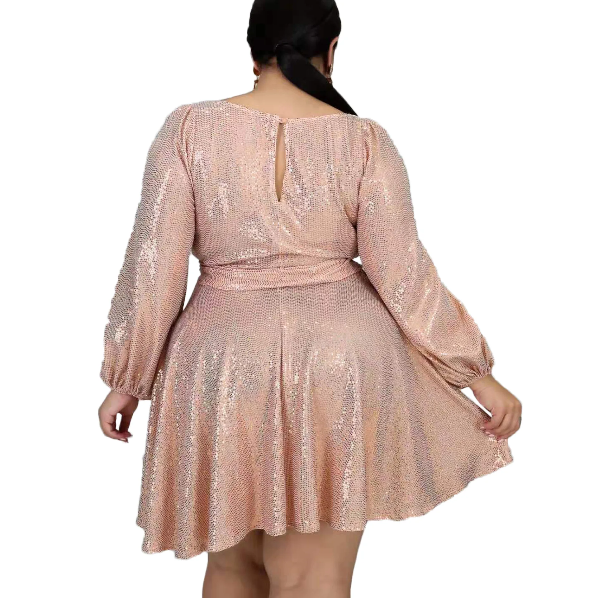 Hot Selling Lantern Sleeves Plus Size Casual Dress Pink Bling Elegant Party Dress Fashion Midi Skirt