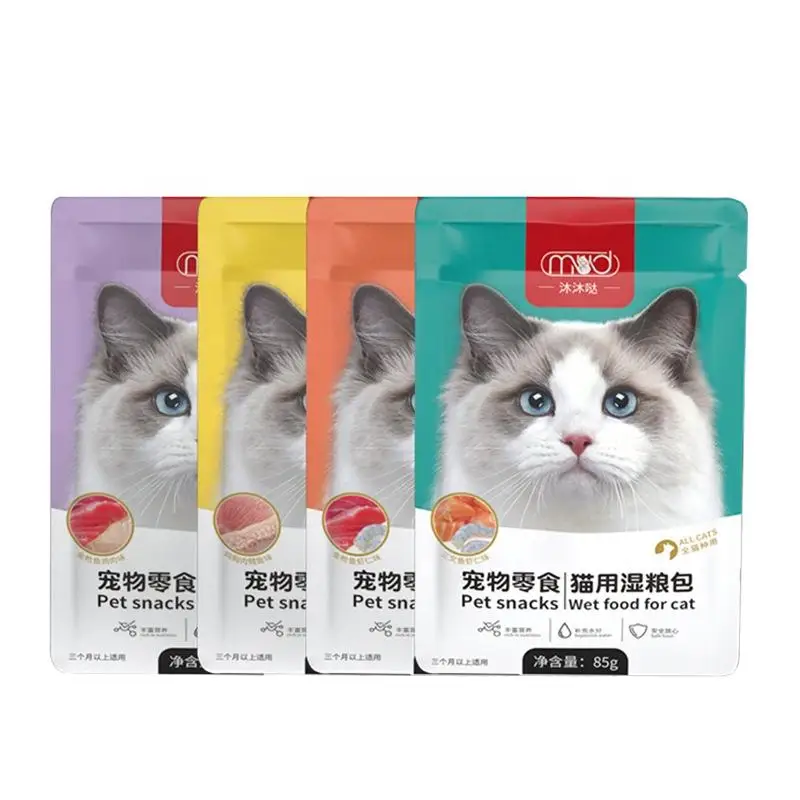 Pet Supplies OEM Custom 85g Cat Delicious Wet Food Treats Snacks Canned in Bag Food Shrimp Tuna Chicken Breast Cod Tin Can