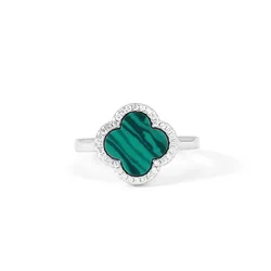 Elegant 925 sterling silver green agate black white shell finger four leaf clover ring for women