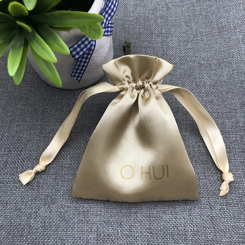 Recyclable Custom Logo Wholesale Gold Satin Pouch Jewelry Gift Bag With Printed Logo