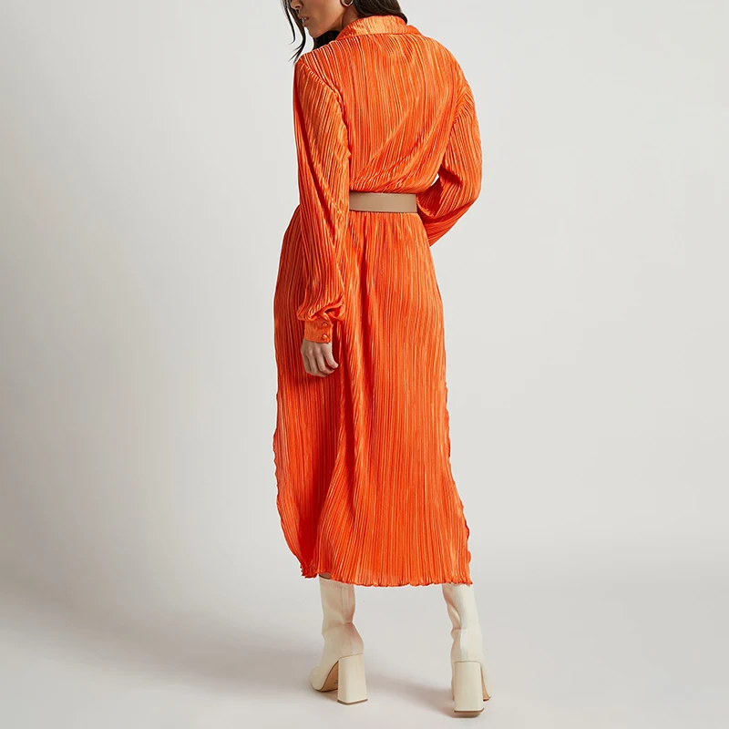 Plus Size Clothing Custom Supplier Fashion casual Ladies Elegant solid color long sleeve pleated ladies office dress with belt