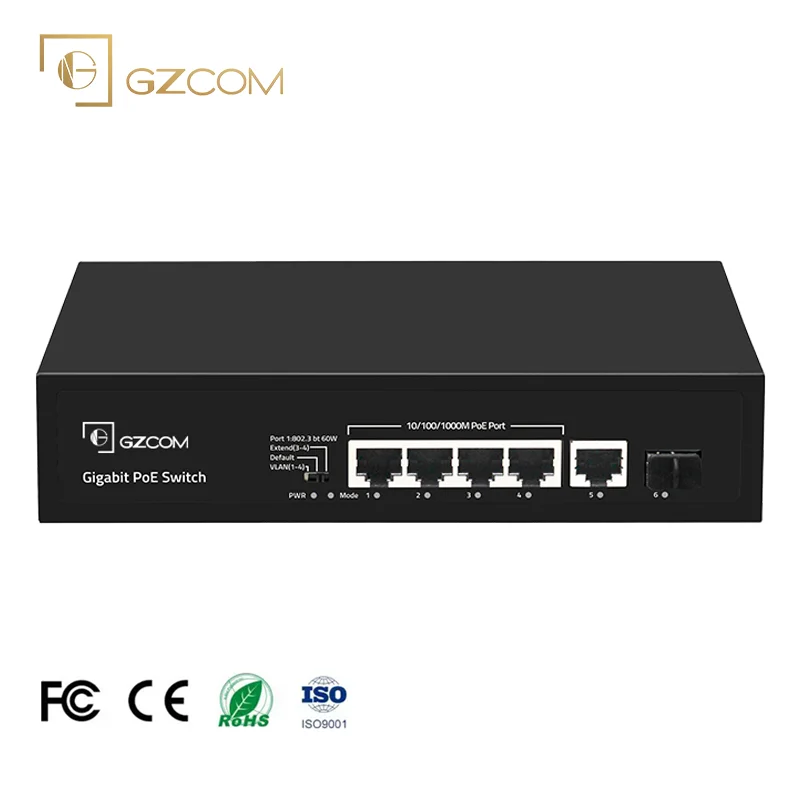6 Ports 65W Gigabit PoE Switch 4*10/100/1000M PoE Ports + 1*10/100/1000Mbps Ethernet Uplink Port + 1*SFP for IP Camera CCTV
