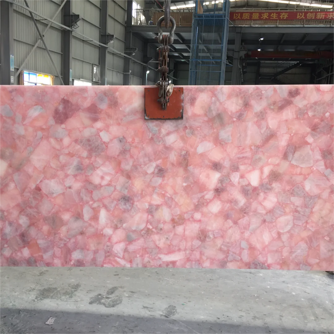 SHIHUI Natural Rose Quartz Pink Crystal Gemstone Slab Polished Backlit Wall Panels Flooring Semi-Precious Translucent Stone