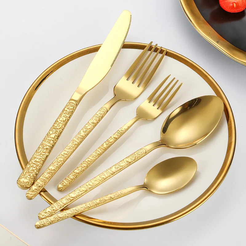Luxury fancy 1010 stainless steel 304(18/10) silverware gold dinner knife spoon fork set cuttlery cutlery set wholesale