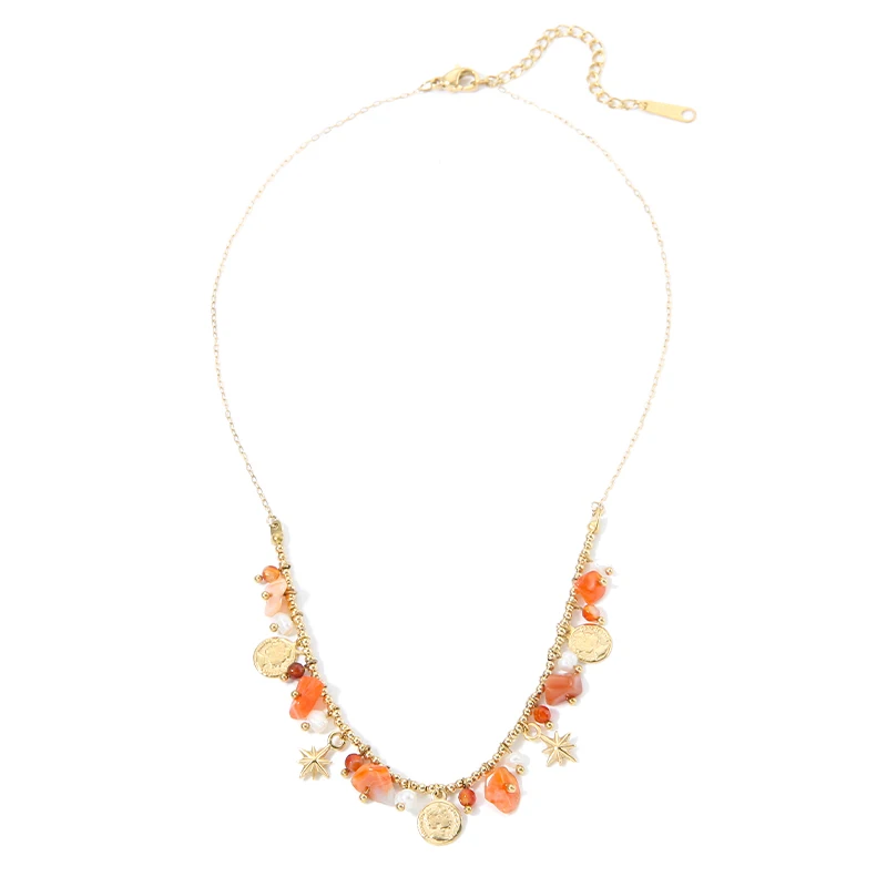 Unique Fashion Orange Healing Crystal Jewelry Bead Charm Necklace Women With Coin  Pendant