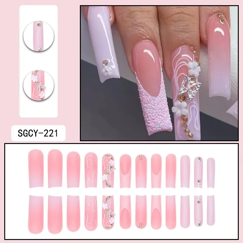 24pcs Girls Full Cover Long False Nails French Tip Square Press on Nail Stickers with Charm Bow Camellia Designs 24PCS 3D