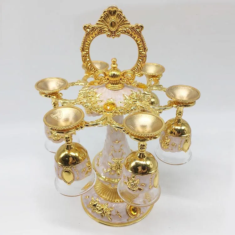 arabic Shinny Gifts 6pcs cup Enamel Metal Wine Hanger Rack Wedding Favor Gift Sets,royal wine set with cup