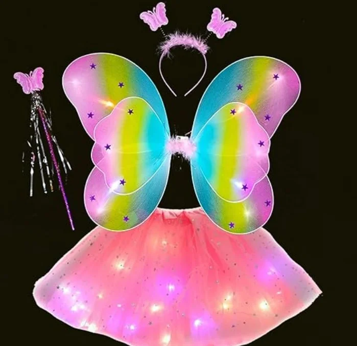 Kids Girls Led Light Up Butterfly Wings With Tutu Skirt Butterfly Angel Fairy Wings Costume Set Stage Props Luminous wings