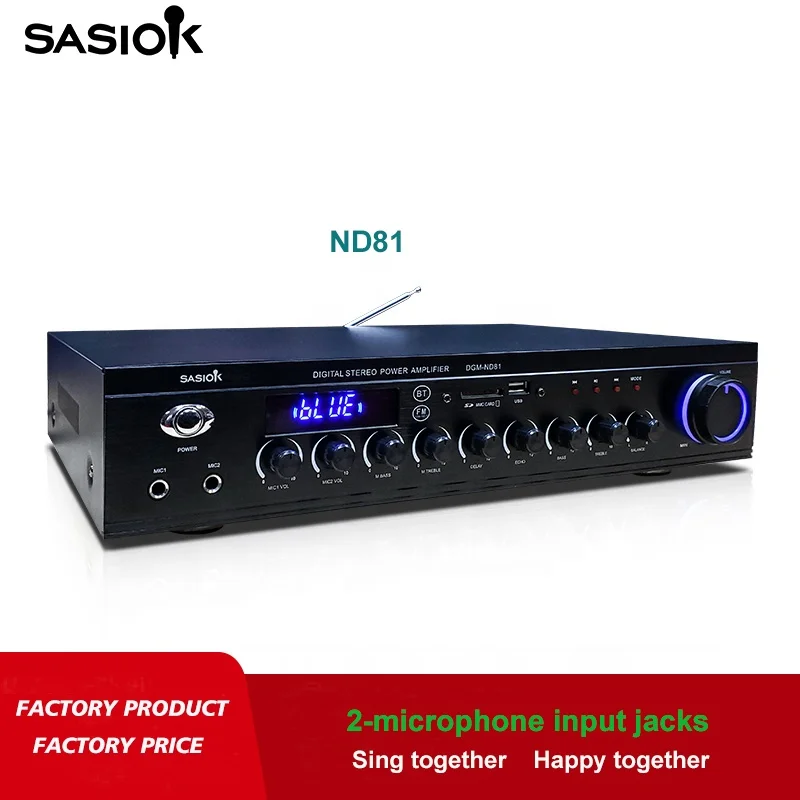 ND81 400W PMPO 2.0ch Mic. echo/delay digital stereo karaoke amplifier with BT/USB/SD/MMC/AUX/FM radio/LED display functions.