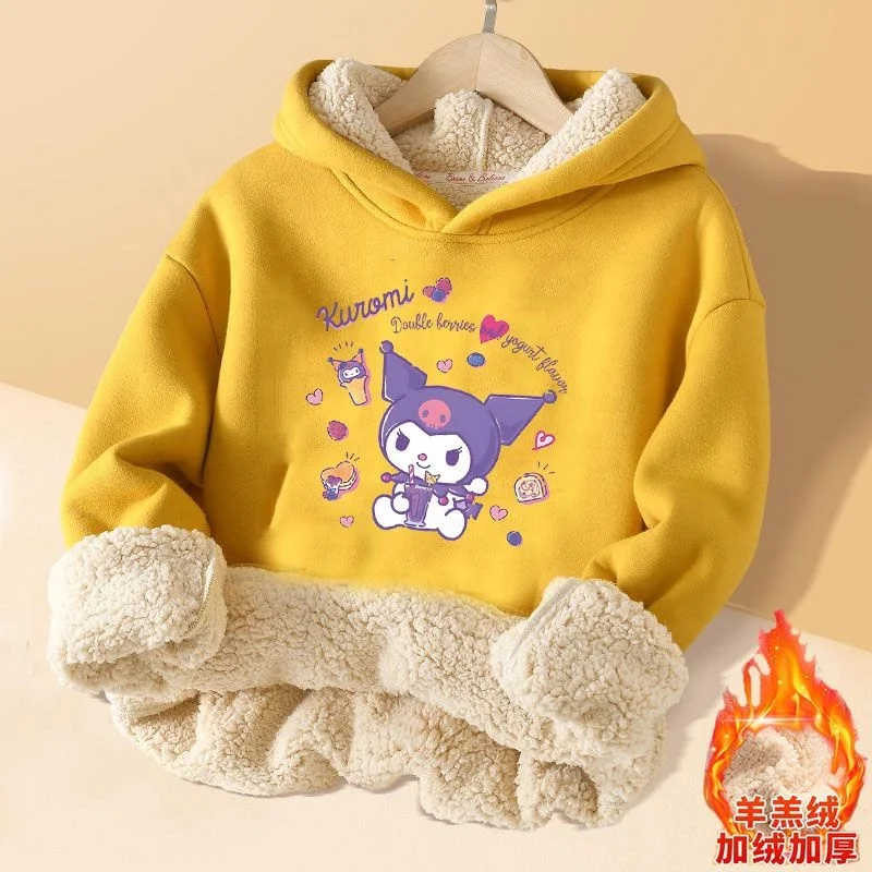 New Animation Kuromi Cartoon Children Cashmere Hoodie Winter Flannel Thicken Girl Jacket Sanrioed Mymelody Cartoon Printing Coat