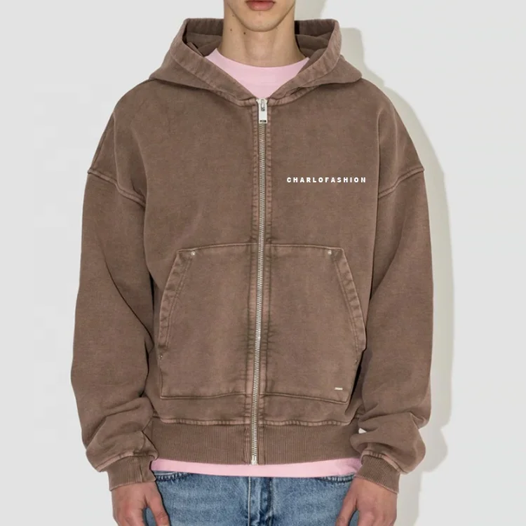 Wholesale vintage hoodies men high qualityBulk Oversized  French Terry Cotton Vintage Wash Blank Full Face Zip Up Hoodie Custom