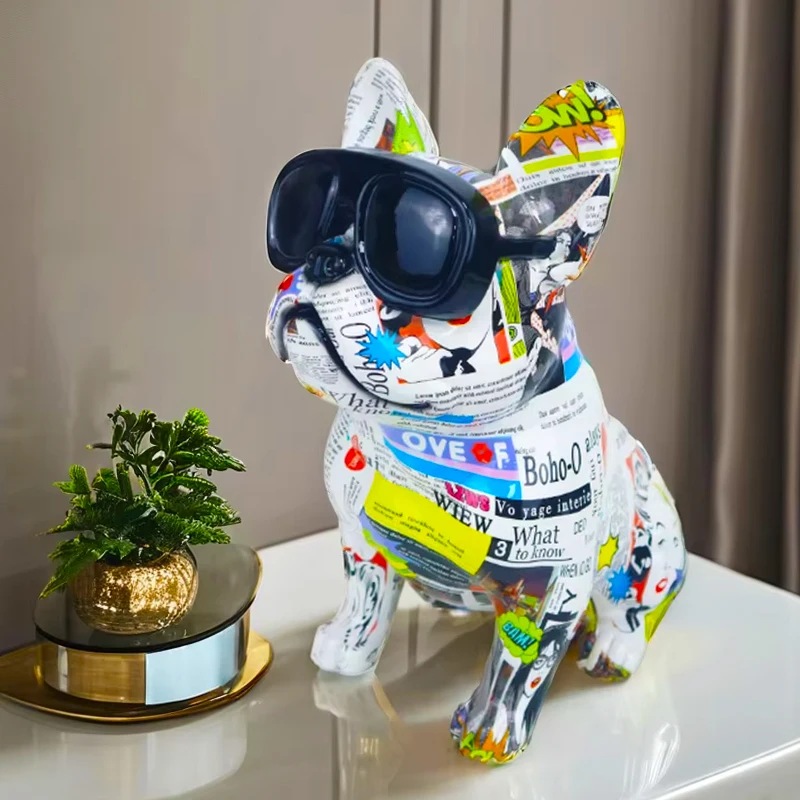Creative New Design Water Transfer Printing Artwork Crafts Colorful Resin French Bulldog Statue With Glasses