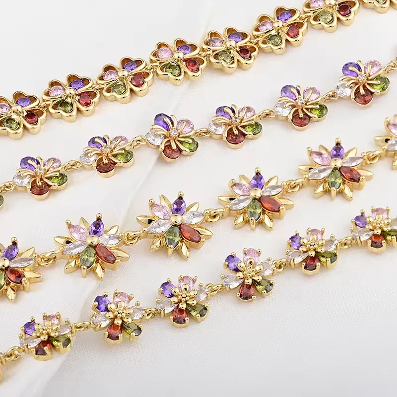 Fashion Jewelry Flower Copper Inlaid Colorful Chain Bracelet for Women and Girls Hypoallergenic Link Bracelets as Jewelry Gifts