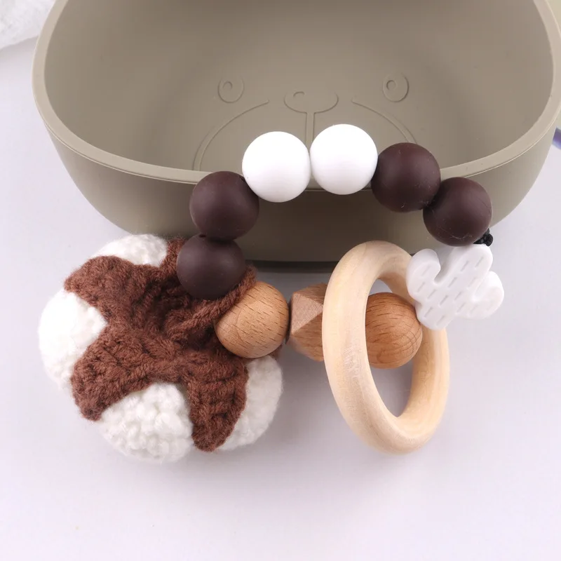 Ins hot sale ready to ship natural handmade knitting wooden crochet baby  lovely fruit Crop cotton wrist teether rattle toy