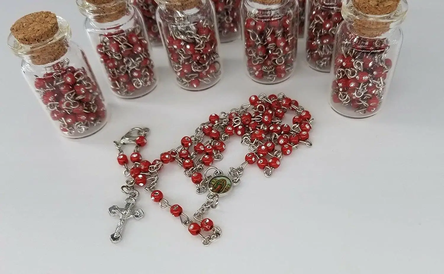 Rosary in Glass Jar Bottle Beads Necklace Lady Guadalupe Red Bead Silver Catholic Crucifix cross