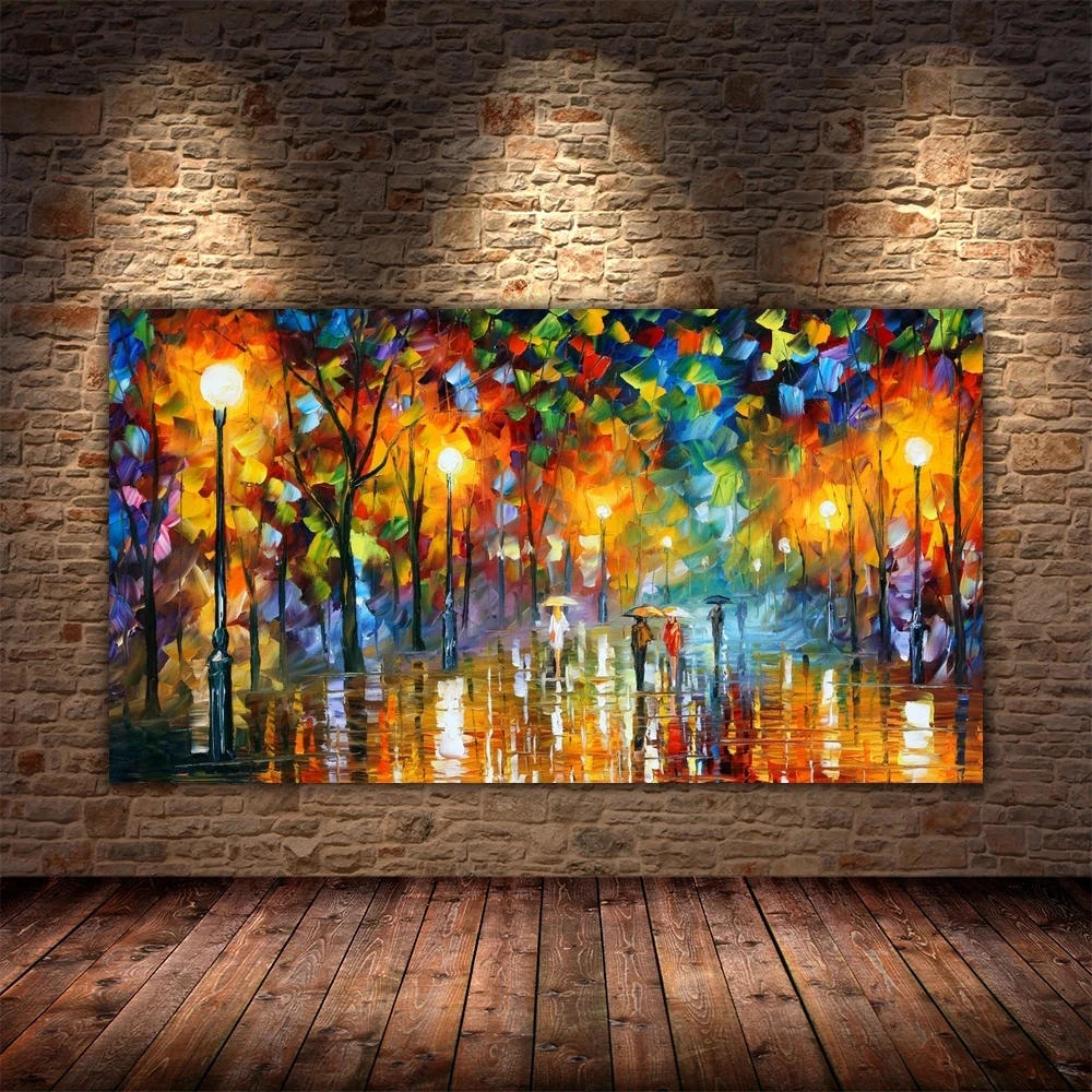Lover Rain Street Tree Lamp Knife Scenery Oil Painting On Canvas Wall Art Painting For Living Room Home Decor