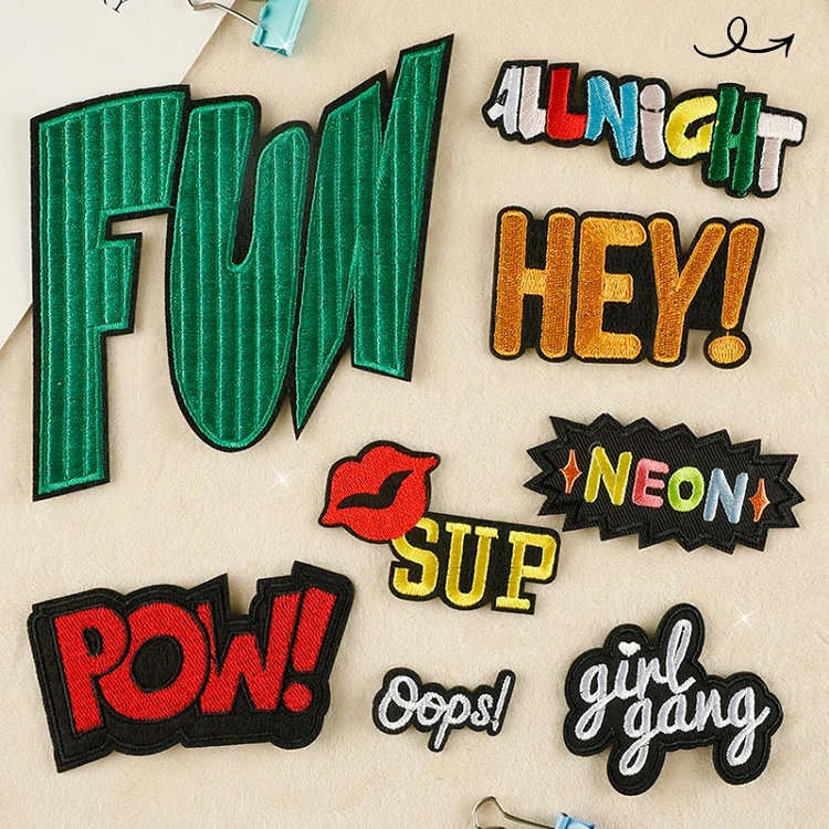 Wholesale word series custom positive quotes iron on patches fun small script embroidery Hey pow patch words for T shit hats