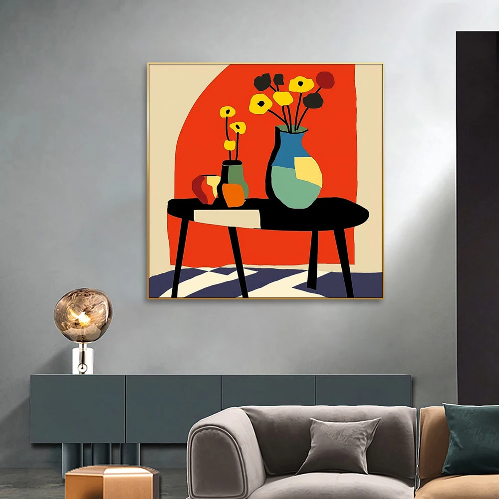 Square Contemporary Abstract Realism Wall Art Large Beautiful Vase with Bright Paintings Linen Material Oil Medium Cotton Base