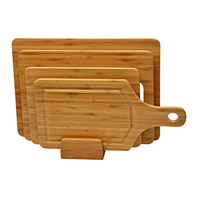 Bamboo Cutting Boards for Kitchen, (Set of 4) Wood Chopping Board Set with Holder Pizza Peel Paddle with Handle for Kitchen