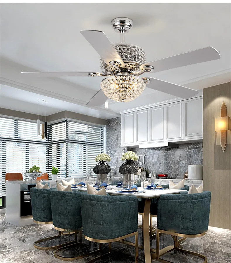 Modern European New Style Ceiling Light LED Fan Lamp with Crystal Chandelier Contemporary 80 Remote Control Auto CAD Layout 220