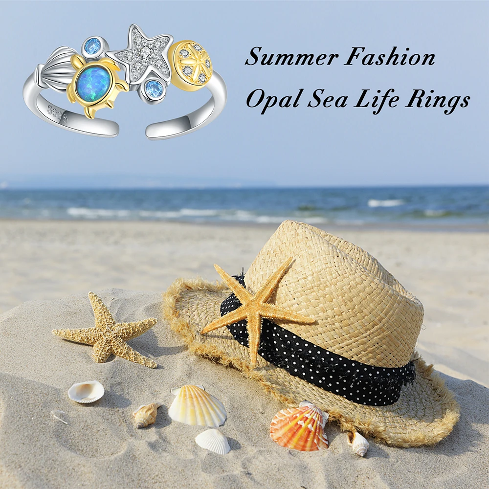 925 Sterling Silver Opal Turtle Ocean Blue Sea Life Starfish Star Rings Summer Beach Jewelry Birthday Gifts for Women Girl