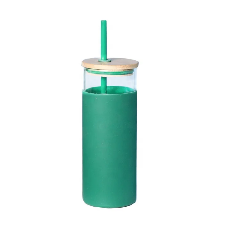 500ml High Quality High Borosilicate Glass Water Bottle with Silicone Sleeve and Bamboo Lid Glass Tumbler with Same Color Straw