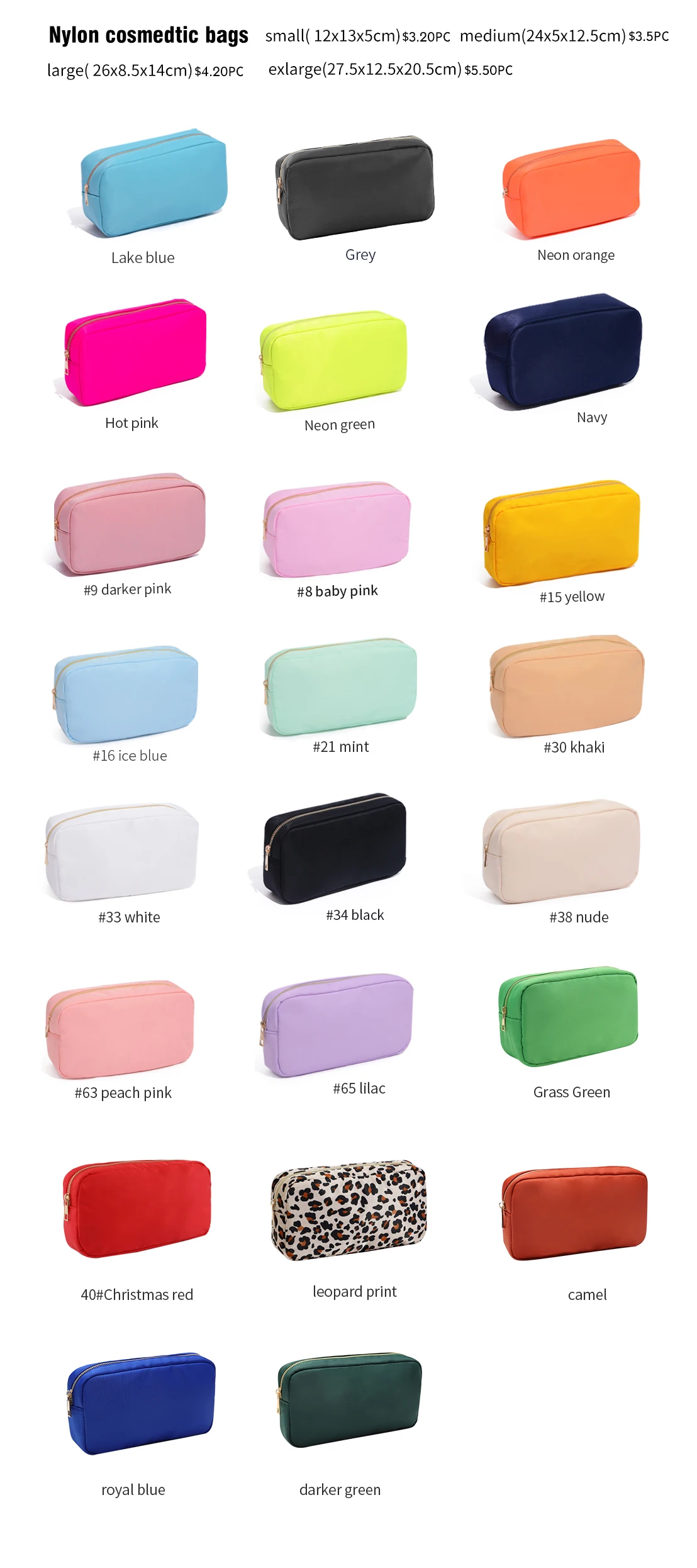 21 Candy Colors Custom Logo Waterproof Nylon Metal Zipper Closed Girls Ladies Large Storage Cosmetic Pouches Travel Makeup Bag